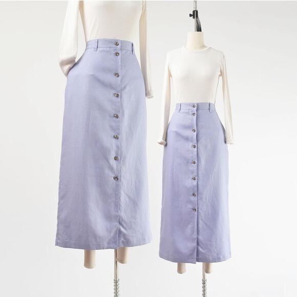 Vintage Dresses & Skirts - Vintage 90s Purple Linen High Waisted Button Front Maxi Skirt with Pockets 32 L